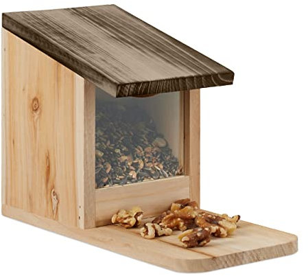 Relaxdays Eichhörnchen Futterhaus, Holz, Klappdach, Sitzplattform, Eichhörnchenhaus, HBT: 17,5 x 12 x 25 cm, Natur/braun