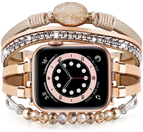 VISOOM Lederarmband Kompatibel mit Apple Watch Armband 46mm/42mm/44mm/45mm, Beads Boho Stein Perlen Schmuck iWatch Wickelarmband Damen Frauen für Series SE3/2/1 11/10/9/8/7/6/5/4, Kahki
