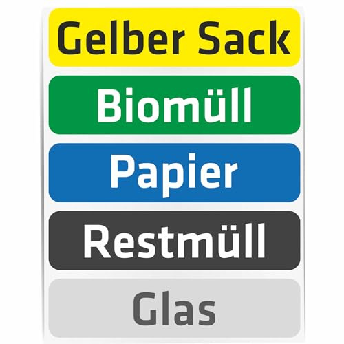 INDIGOS UG - Mülleimer Aufkleber - 5 Stück - 200x47 mm - Biomüll - Restmüll - Gelber Sack - Glas - Papier - zur Beschriftung Mülltonne - privat - Hausgemeinschaft - Firma - Büro