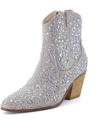 CUSHIONAIRE Bravo Sparkly Rhinestone Western Cowboy Ankle Boots for Women, Glitter Boots With Memory Foam, Wide Widths Available, SILVER 6.5