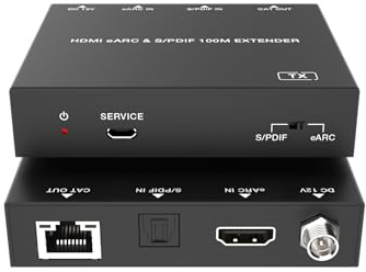 FOURKAY eARC over CAT6 Extender 100m Audio Extraction PoC Dolby Atmos CEC | Return Audio from TV eARC or Optical S/PDIF Port. CEC Pass Through. Power over CAT6. Supports Dolby Atmos, EXEARC-H100