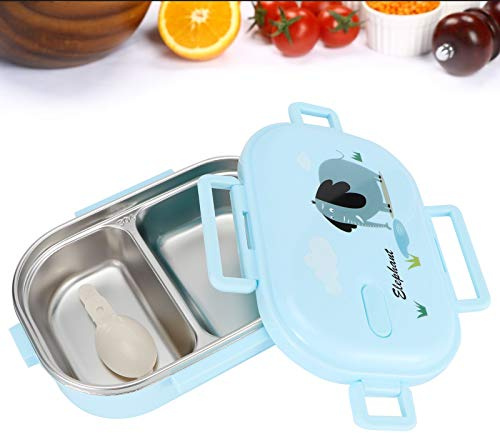 Tomotato Caja Bento de Portátil, 650 ml Lonchera Bento Dividida con 2 Compartimentos, Loncheras a Prueba de Fugas de Acero Inoxidable para Adultos, Niños, Oficina y Escuela(Elefante azul)