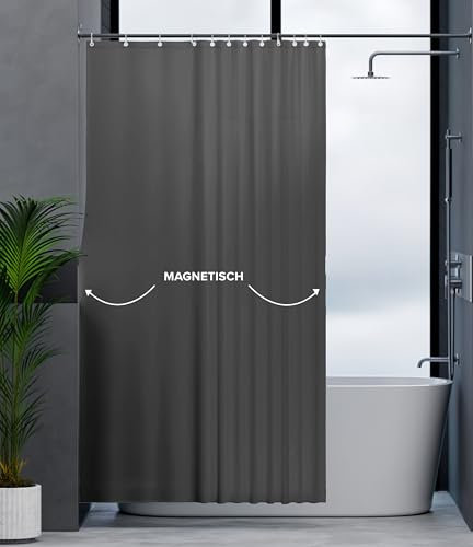 ovimar Magnetischer Duschvorhang Elgafossen grau waschbar schnelltrocknend Anti Schimmel Duschvorhang 180 x 200 cm Vorhang Blickdicht für Badewanne oder Dusche