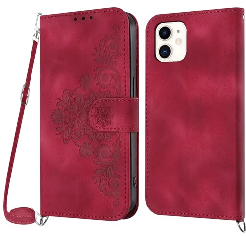 NETANY Coque pour iPhone 11 avec Cordon, Etui pour iPhone 11 (6,1 Pouces) avec Cordon Collier, Cuir Flip Portefeuille, Housse Case Etui avec [Bandoulière Réglable] Lanyard Case Cover (Rouge)