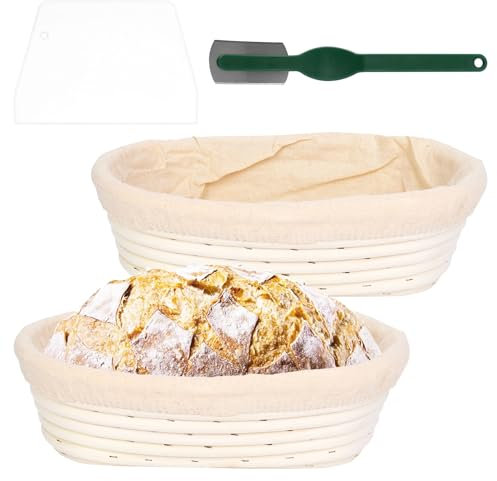 Juwacoo Confezione da 2 cestini per la fermentazione, cestino per il pane con inserto e raschietto per pasta e lame per pane, cestino per il pane ovale, cestino per la fermentazione del pane