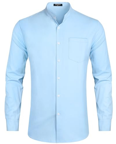 HISDERN Herrenhemden Langarm Hellblau Hemd Herren Ohne Kragen Bügelfrei Herren Freizeithemden Oberhemd Langarm Hemden Stehkragen Herren Regular Fit für Hochzeit L