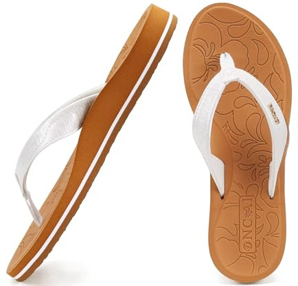 ONCAI Tongs Femmes,Yoga Mat Anti-dérapant Tongs mode Sandales Plage d'été Pantoufles avec soutien de la voûte plantaire Semelles Eva légères Couleur Blanc et kaki Taille 41