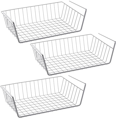 RICOO Panier Suspendu de Rangement en Fil Métallique KR001Sx3 - Organisateur d'Étagère pour Cuisine, Bureau, Dressing, Armoire, Lot de 3, 37,5 x 9,5 x 22 cm, Argenté