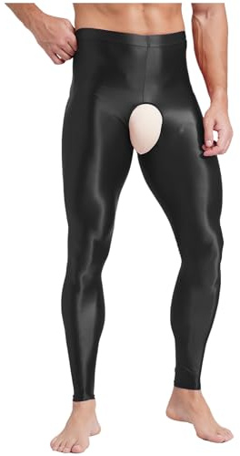 FEESHOW Homme Brillant Collant Legging Ouvert Lingerie de Nuit Bas Compression Stretch Skinny Pantalon Effet Métallisé Clubwear pour Danse Soirée Cocktail Noir B L