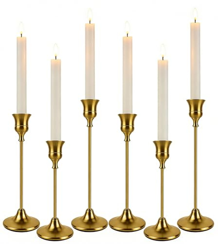 Filltown Kerzenständer Messing Gold 6 Stück, Kerzenhalter Gold Candle Holder, Vintage Stabkerzenhalter Stabkerze für Kaminsimse, Geburtstage, Tischmitte, Hochzeiten, Abendessen, Wohnkultur