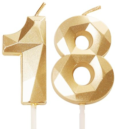 Gold 18th Birthday Candles - Number 18 Candles for Birthday Cake, 18th Birthday Cake Toppers