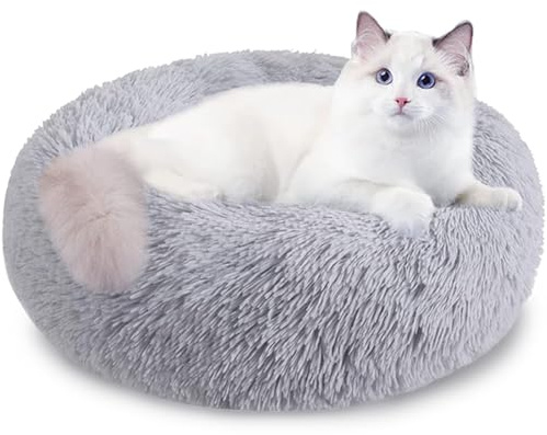 Melldrry Hundebett flauschig, Katzenbett, Donut Kissen, waschbar, Polsterung in der Mitte herausnehmbar, Langer Plüsch, 50 cm Durchmesser, Grau