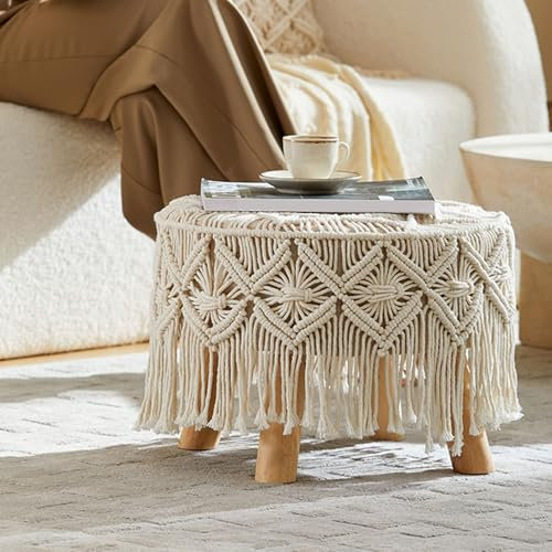Preferspace Ottomane, handgewebt, rund, Ottomane mit Holzbeinen, Poufs aus weichem Baumwollseil für Wohnzimmer, Schlafzimmer, Terrasse, Flur