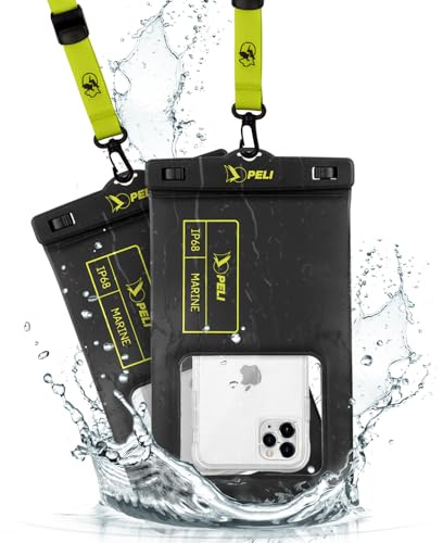 Peli Marine - IP68 Waterproof Phone Pouch (XL Size)-Floating Waterproof Phone Case For iPhone 17 Pro Max/iPhone 16 Pro/15/14/13/12/S25 - Detachable Lanyard - Black/Hi-Vis Yellow
