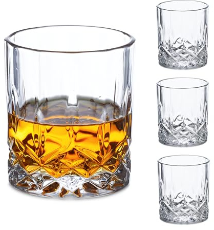 Relaxdays Set 4 Bicchieri da Whisky, Liquore, Rum, Tumbler Bar, Design Decorativo, Calici Vetro da 300 ml, Trasparente
