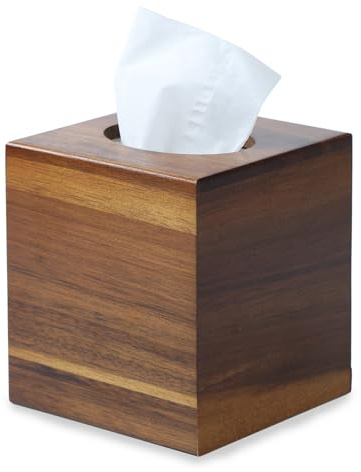 Akazienholz Taschentuchbox Abdeckung, quadratischer Taschentuchhalter aus Holz, für Badezimmer, Wohnzimmer, Esstisch, dekorativer Würfel, Gesichtstücherbox, Abdeckung, 13,5 x 13,5 x 15 cm
