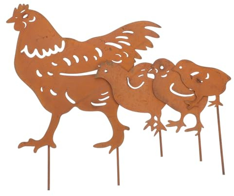 Happyyami Metal Chicken Yard Art Stakes 4pcs Set, Hollow-cut Hen and Chicks Silhouette Garden Statues for Outdoor Lawn and Patio Décor