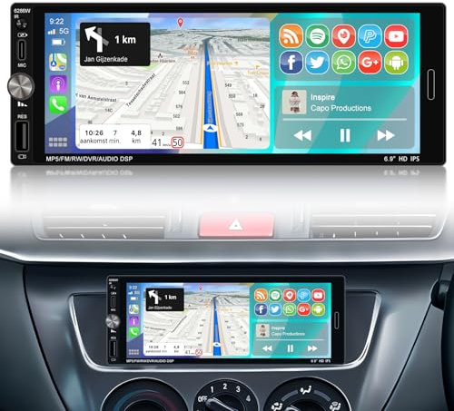 NHOPEEW Autoradio 1 Din Carplay e Android Auto con manopola rotante - 6,9 pollici 1 Din Radio Supporto Mirror Link FM Controllo volante + 12Led Backup Camera