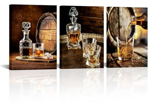 LyerArtork 3 Stück Whiskey-Wandkunst, Leinwanddruck, Whisky in Weinglas gießen, braune Fässer, Vintage-Weinbar-Bilder, Wanddekoration für Küche, Bar, Pub, Zuhause, fertig zum Aufhängen, 30,5 x 40,6 x