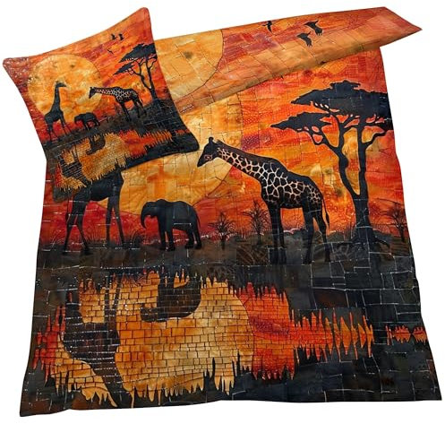 YELDAN Bettwäsche 140x200 Afrika, Elefant Giraffe Bettbezug, Bettwäsche-Sets 2 teilig, Weich & Bügelfrei Mikrofaser Wendebettwäsche und 1 Kissenbezug 80x80 mit Umschlag