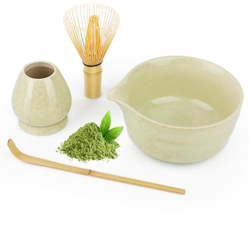 Set completo da 4 pezzi per il tè Matcha: Ciotola Matcha con beccuccio per versare, frusta di bambù (Chasen), cucchiaio per misurare e supporto Chasen, set da tè Matcha per la cerimonia del tè tradizi