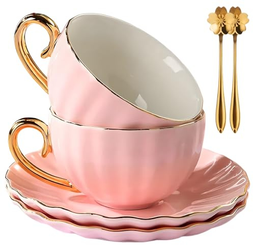 ICHAG Juego de tazas y platillos de té, juegos de tazas de té con cuchara dorada, taza de té y platillo de porcelana, taza de café rosa de 7 onzas con borde dorado, juego de tazas de capuchino para