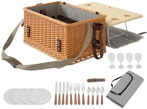 Outsunny Cestino da Picnic in Vimini per 4 Persone con Tavolino, Cesto Picnic con 4 Piatti, 12 Posate, 4 Bicchieri, Coperta e Cavatappi, 51x33x25 cm, Marrone Chiaro