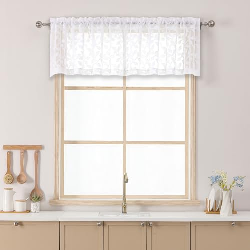 Chyhomenyc White Sheer Valances for Windows 14 Inch Length 2 Pcs, Light Filtering Leaf Textured Cafe Short Kitchen Curtains, Top Small Curtain for Living Room Bedroom Basement, 42 W x 14 L