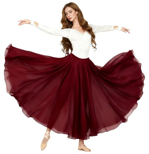Baisdan Jupe Danse Orientale en Chiffon pour Femme, Jupe Flamenco pour Danse du Ventre et Spectacles Rouge foncé
