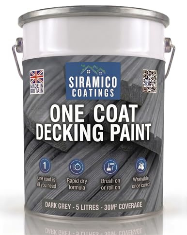 SIRAMICO COATINGS One Coat Anti-Slip Decking Paint | 5 Litres | 7 Luxury Colours I Mould & UV Resistant Formula | White - Grey - Sage Green - Black - Brick Red (Dark Grey)