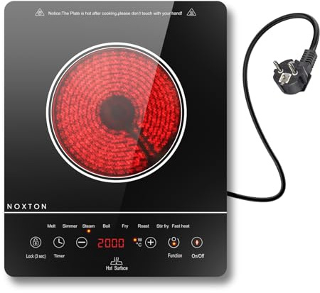 NOXTON Keramikkochfeld 1 Platte mit Timer, Glaskeramikkochfeld 30 cm, 2000W | Tragbares glaskeramikkochfeld mit 8 Garfunktionen, 9 Leistungsstufen, Sofortige Hitze, 220-240V mit Stecker