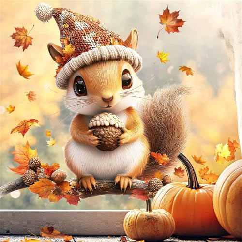 Fensterbilder Herbst, Autumn Fensterbild Selbstklebend, Herbstdeko Fenster Sticker Kinder, Eichhörnchen-Tannenzapfen Fensteraufkleber Herbstliche, Fensterdeko Aufkleber Wiederverwendbar