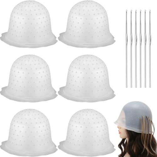 Chicingyou 6 Set Silicone Highlight Cap for Highlighting Hair - Pre-Punched Holes Reusable Cap with Needle, Professional Hairdressing Dyeing Tools for Salon Home Women Men