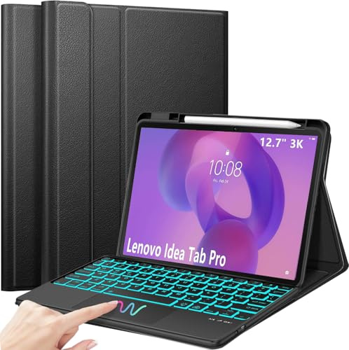 APASILU - Carcasa para teclado Lenovo Idea Tab Pro 12,7 2025 (TB-373FU TB-375FC), teclado Bluetooth con teclado táctil, recargable y extraíble, retroiluminada en 7 colores