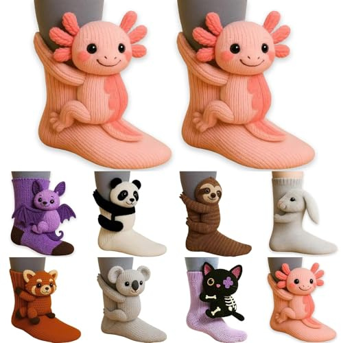 Djurstrumpor kvinnor tonårsflicka gåvor varma och mjuka nyhet 3D-stickade roliga sengångare djur kramstrumpor söt sengångare, kanin, panda, axolotl och fler djurdesigner för män och kvinnor, Rosa, one