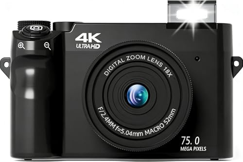 Evoluir Digital Camera, 18X Digital Zoom Portable Photo Camera with 3 Screen, Auto-Focus 4K Small Camera for Kids, Teenagers, Beginners (Wide-Angle Lens + 32GB,Black)