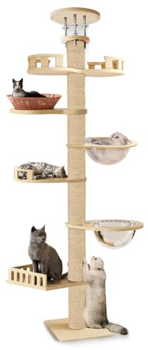Mitoydoe Höhenverstellbarer 7-Etagen-Katzenbaum bis zur Decke – Mit Beobachtungsturm, Kapseln & Hanfseil umwickelten Kratzsäulen für große Katzen, sicherer Indoor-Kletterturm