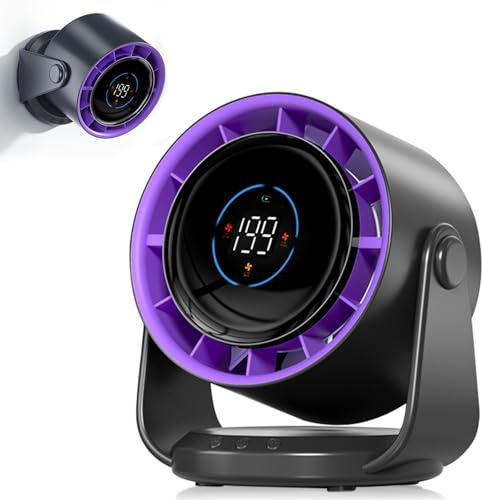 PTHTECHUS Ventilatore da tavolo, forte flusso d'aria, batteria da 5000 mAh, Pantalla LED, 1-199 velocità,ventola portatile, funzione girevole a 105°,montaggio a parete per casa,ufficio,camera