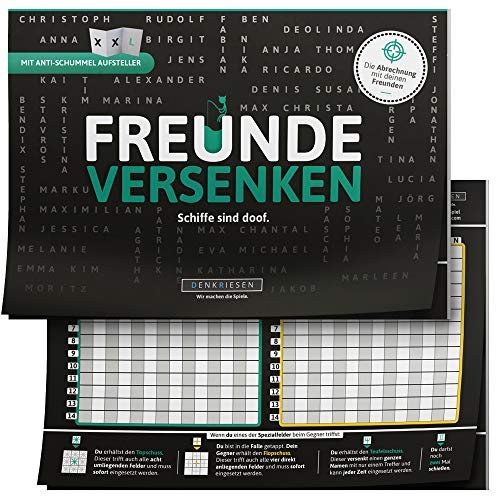 DENKRIESEN - Freunde VERSENKEN® - A5 Spielblock | Ab 8 Jahren | 2 Spieler | Familienspiel | Schiffe Versenken | Gesellschaftsspiel für Familien | Schiffe versenken für unterwegs