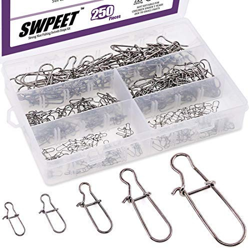 Swpeet 250Pcs 5 Tailles Forte Nice Pêche Swivels Snaps Kit, Noir Acier Inoxydable Pêche Snap Nickle Connecteurs pour Eau Douce Eau Salée Anneaux Pêche Connecteur - 40Ibs/55Ibs/77Ibs/110Ibs/220Ibs