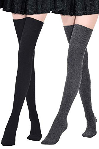DRESHOW 2 Paia Calzini da Ginocchio Calzini Lunghi Calzettoni Cotone di Coscia Scaldamuscoli per Ragazze e Donna