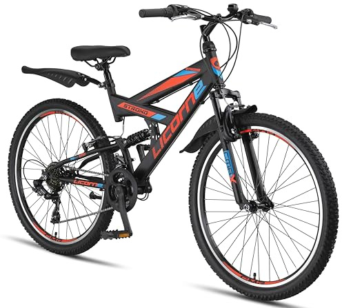 Licorne Bike Strong V Premium mountainbike 26 tum – cykel för pojkar, flickor, kvinnor och män – Shimano 21-växlar – fullfjädring svart/blå/orange