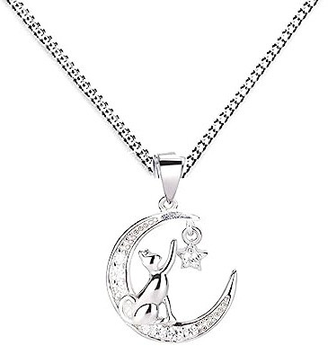 Kaguyo - Collar de gato para mujer, plata de ley 925, circonita cúbica, gato en la luna, collar con colgante de estrella de sueño, regalo para mujeres y niñas