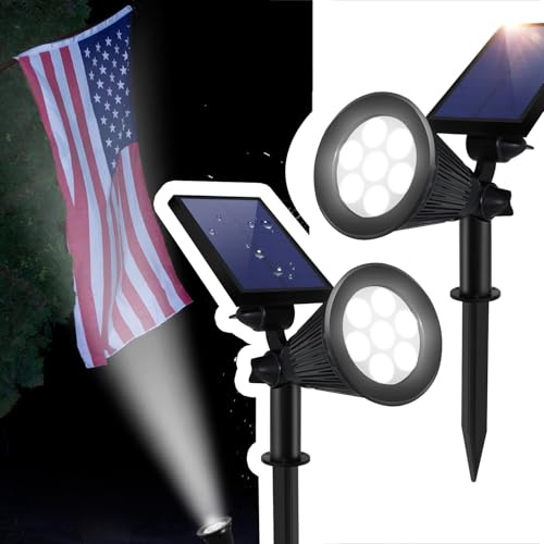 Solar Spotlights, Outdoor Ground Spot Light for Flag Pole, Bright 7-LED Dusk-to-Dawn Waterproof Landscape Flagpole Lights, 2-in-1 Adjustable Solar Powered Lighting for Tree Garden Yard (2 Pack, White)