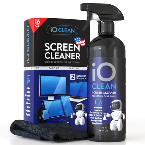 iO Clean Spray Limpiador de Pantalla (16 oz - 473 ml) – El Mejor Kit de Limpieza Grande para TV LCD LED OLED, teléfono Inteligente, iPad, computadora portátil, Pantalla táctil, Monitor de computadora