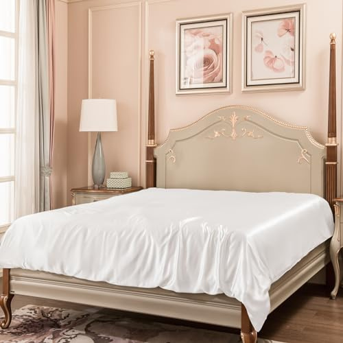 PROMEED 100% Mulberry Silk White Duvet Cover Queen Size, Real Grade 6A+ 23 Momme Silk Quilt/Comforter Cover with Zipper and Coner Tie (White, Queen)