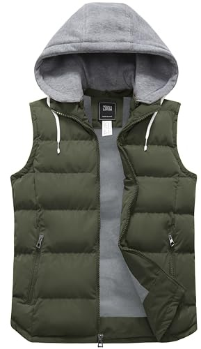 ZSHOW Vinterväst för män Quiltad vaddering Puffer Ärmlös jacka Varm utomhusväst Kroppsvärmare med huva Armégrönt XL