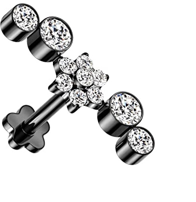Paula & Fritz® Push-In Labret Piercing Blume Schwarz Zirkonia Klar Titan-IUM Grade 23 Kugel Set 1,2-mm Stab-Dicke Blüten-Sockel Madonna Medusa Monroe