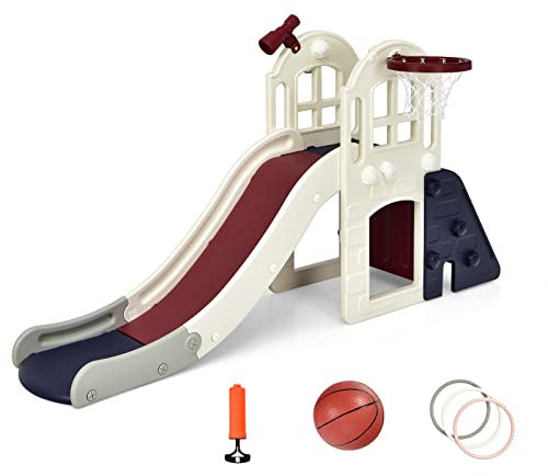 DREAMADE 6 in 1 Kinder Rutsche mit Basketballkorb & Klettern & Ringwurf & Tunnel & Teleskop, Kinderrutsche, Kinder Spielplatz für Jungen & Mädchen 3-8 Jahren (Blau)