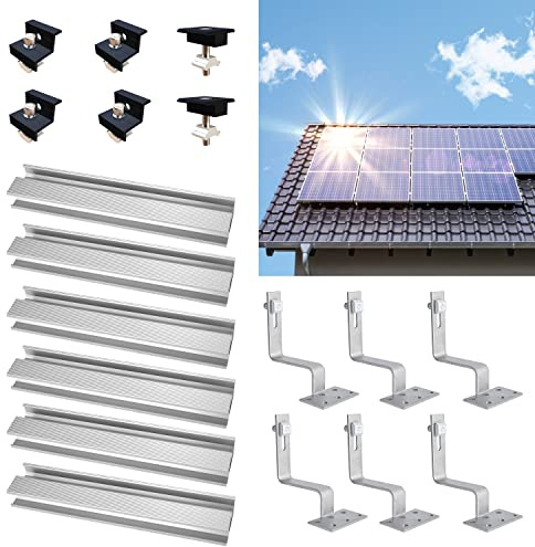 TEOV PV Montageset Ziegeldach Glasziegeldach, Befestigung Solarmodul Halterung mit 30cm Montageschiene und Dachhaken, Solarpanel Halterung mit Endklemme Und Mittelklemme, für 30~35mm 2 Solarmodule